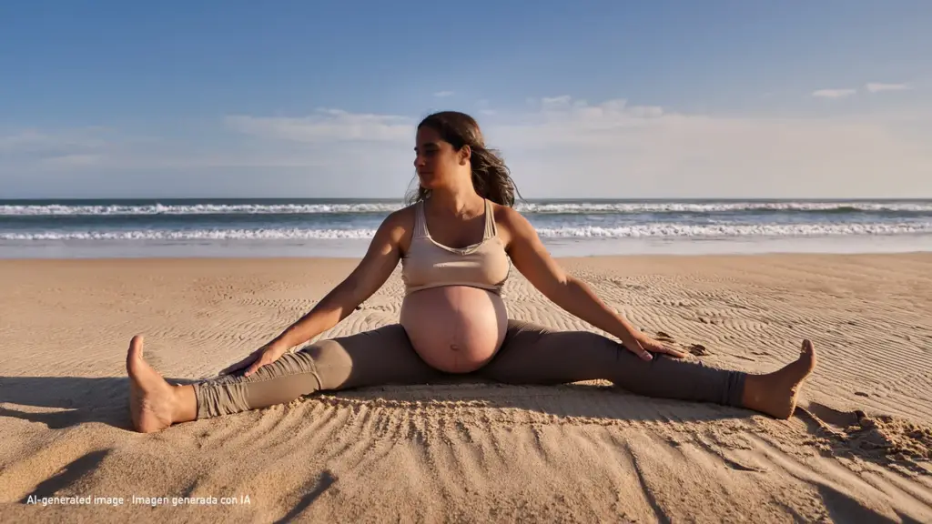 AI-generated. Pregnant woman sitting on the beach at sunset with her legs wide open