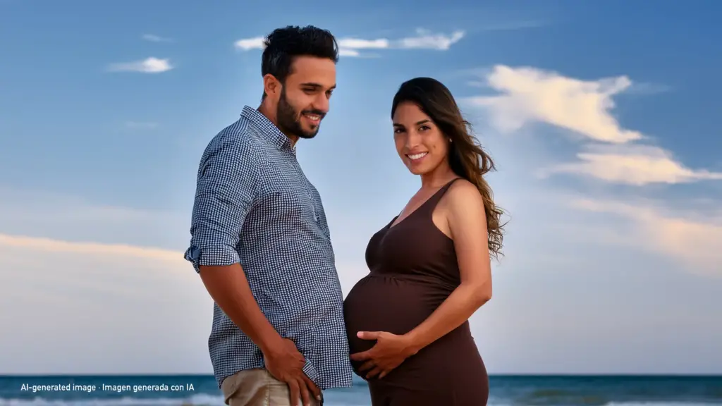 AI-generated. Couple with pregnant woman, the man in front of her partially covering her belly