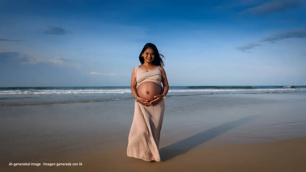 AI-generated. Pregnant woman standing on the beach at sunset, no camera angle