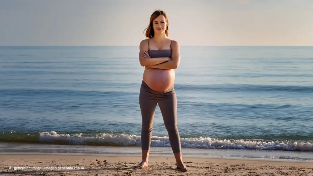 AI-generated. Pregnant woman standing on the beach at sunset with her arms crossed.