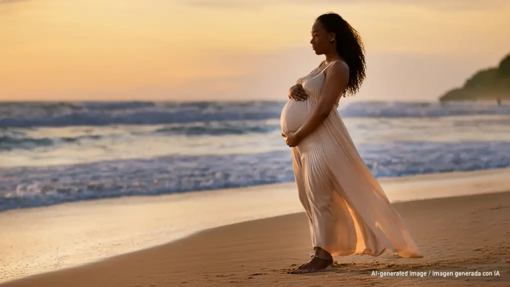 Generated with AI. Profile of a pregnant woman on the beach during golden hour