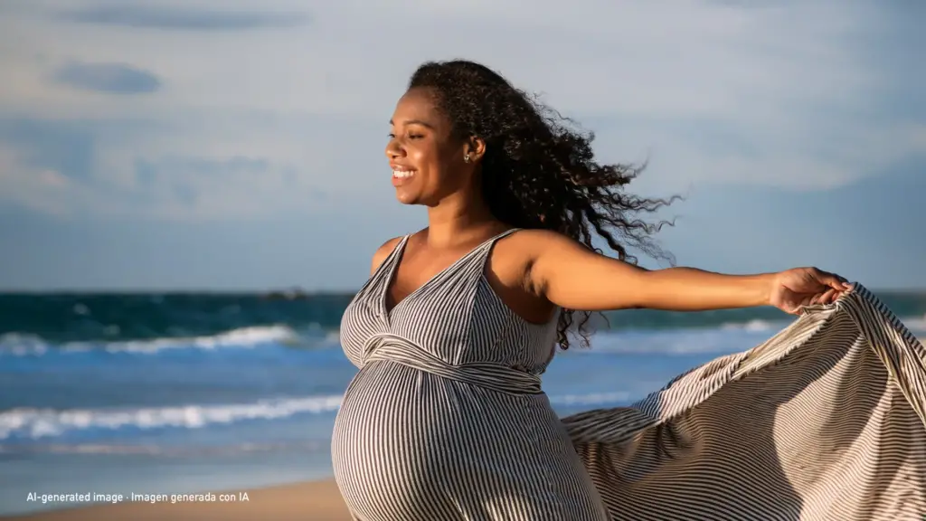 AI-generated. Torso of a pregnant woman with her arms outstretched on the beach