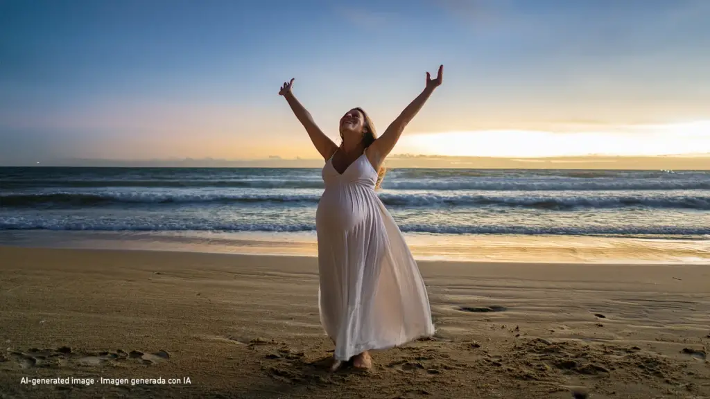 AI-generated image of a pregnant woman with her arms open to the sky on the beach.