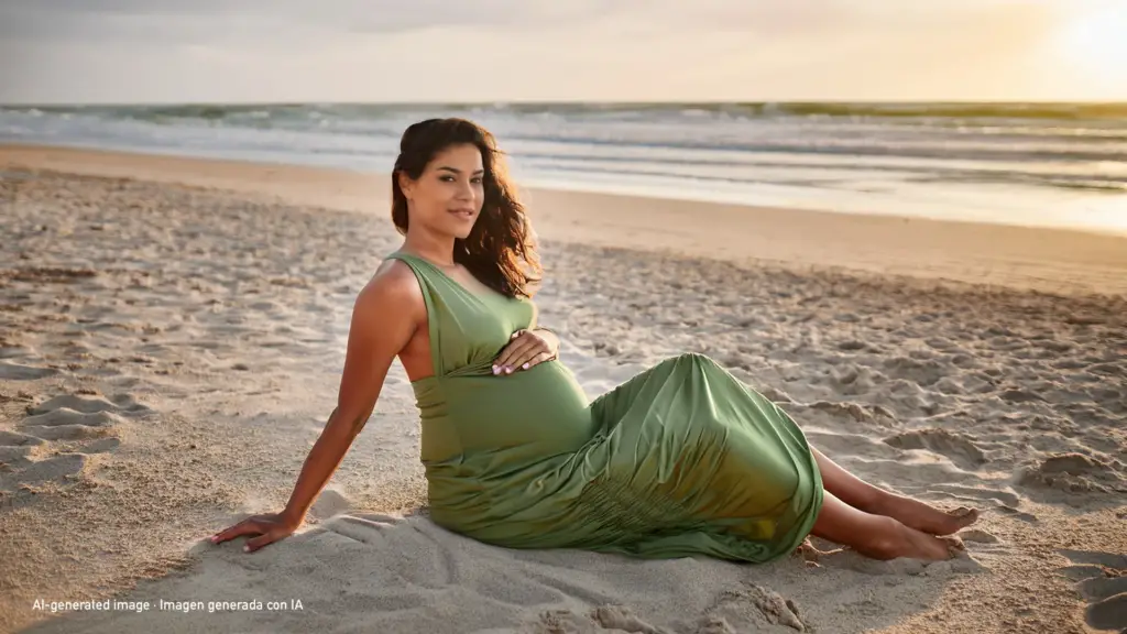 AI-generated image of a pregnant woman sitting on the beach at sunset.