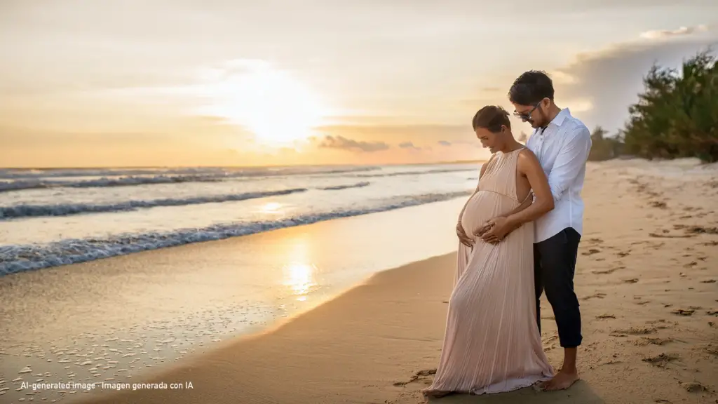 AI-generated image. Couple with pregnant woman standing on the beach at sunset