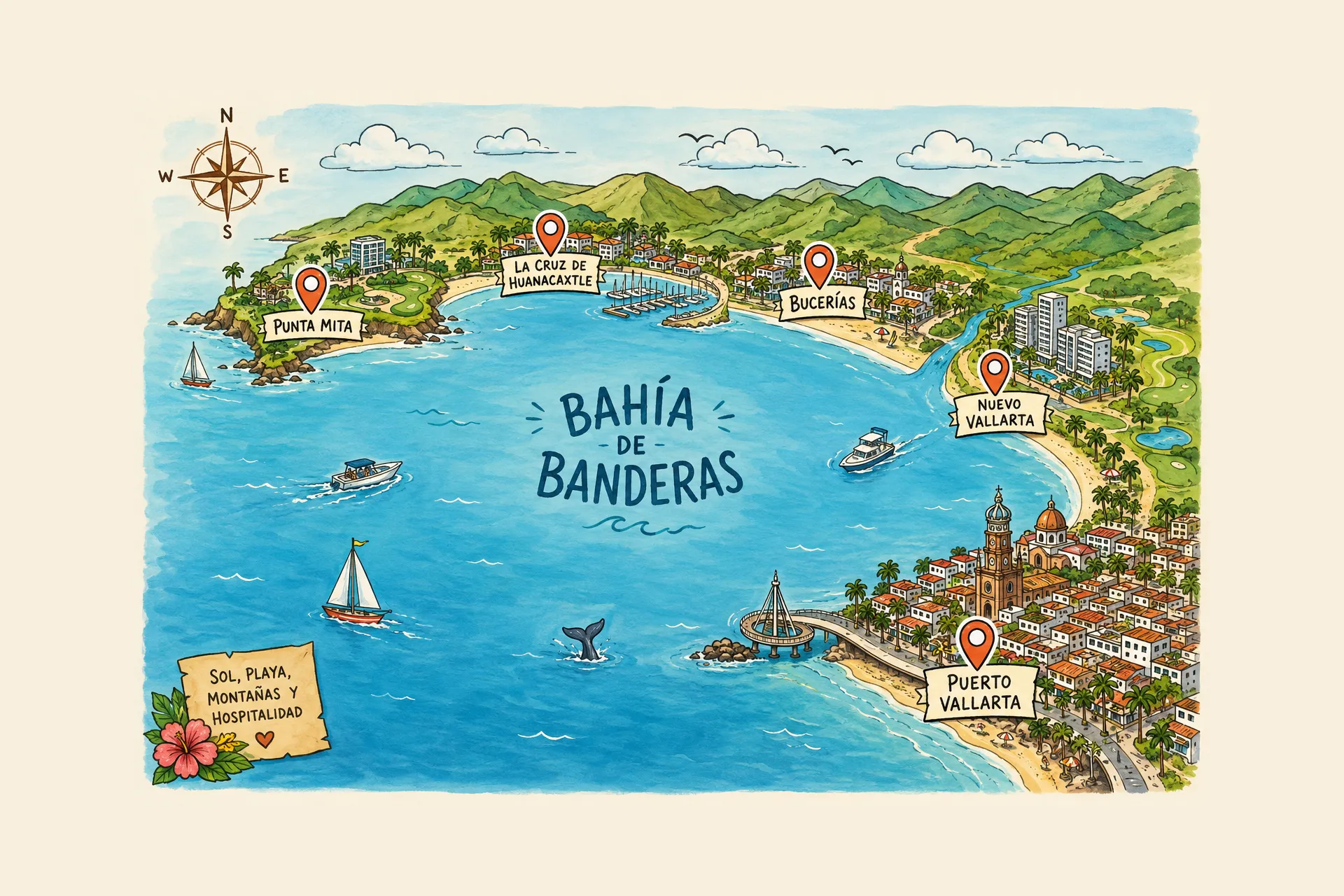 Illustrated map of Banderas Bay showing the areas served: Puerto Vallarta, Nuevo Vallarta, Bucerías, La Cruz de Huanacaxtle and Punta de Mita
